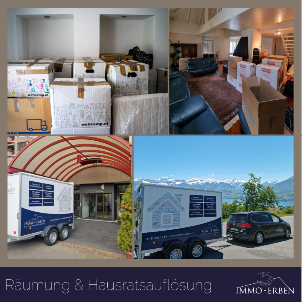Räumung & Hausratsauflösungen als Geschäftsfeld der IMMO-ERBEN GmbH mit Kachelbildern von diversen Räumungen