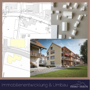 Symbolbild Immobilienentwicklung und Umbau mit Grundrissplänen und Studien