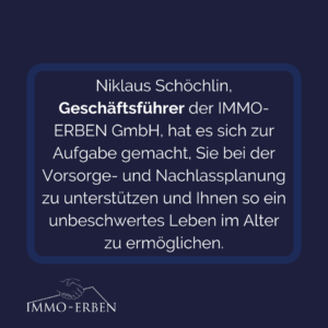 Text: Niklaus Schöchlin hat es sich zur Aufgabe gemacht, Sie bei der Vorsorge und Nachlassplanung zu unterstützen und Ihnen so ein unbeschwertes Leben im Alter zu ermöglichen.